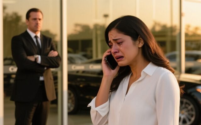 Joven latina llorando con celular en la oreja afuera de un concesionario de lujo, gerenta observa con brazos cruzados