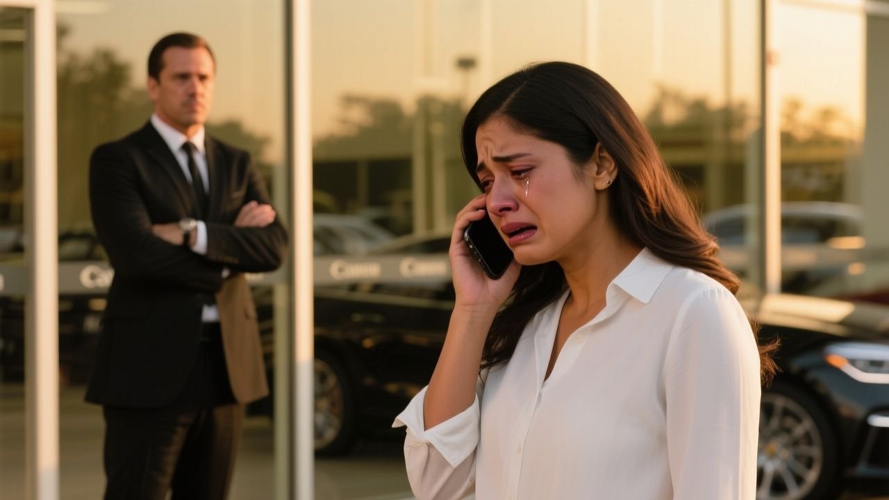 Joven latina llorando con celular en la oreja afuera de un concesionario de lujo, gerenta observa con brazos cruzados
