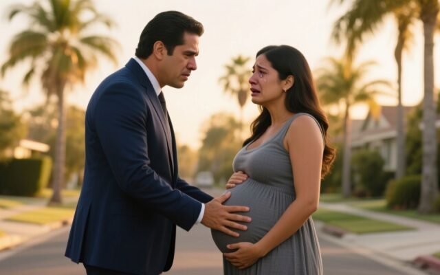 Hombre en traje azul toca el vientre embarazado de una mujer en vestido gris en una calle residencial al atardecer