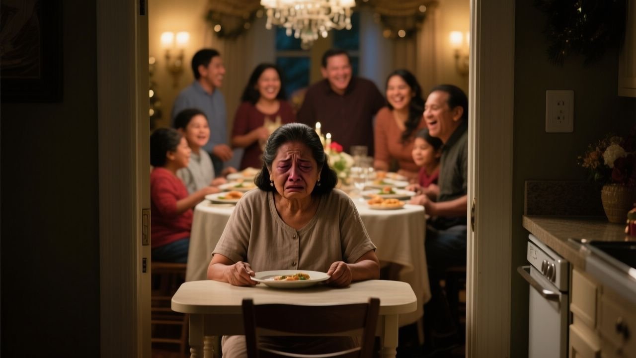 Silla vacía junto a la ventana del comedor durante una elegante cena familiar
