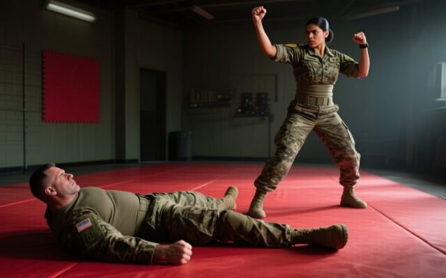 Oficial latina en uniforme camuflado de pie sobre el tatami rojo mira a sargento derribado durante entrenamiento militar