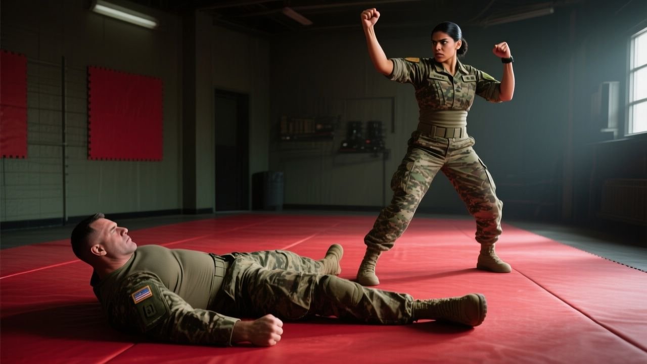 Oficial latina en uniforme camuflado de pie sobre el tatami rojo mira a sargento derribado durante entrenamiento militar